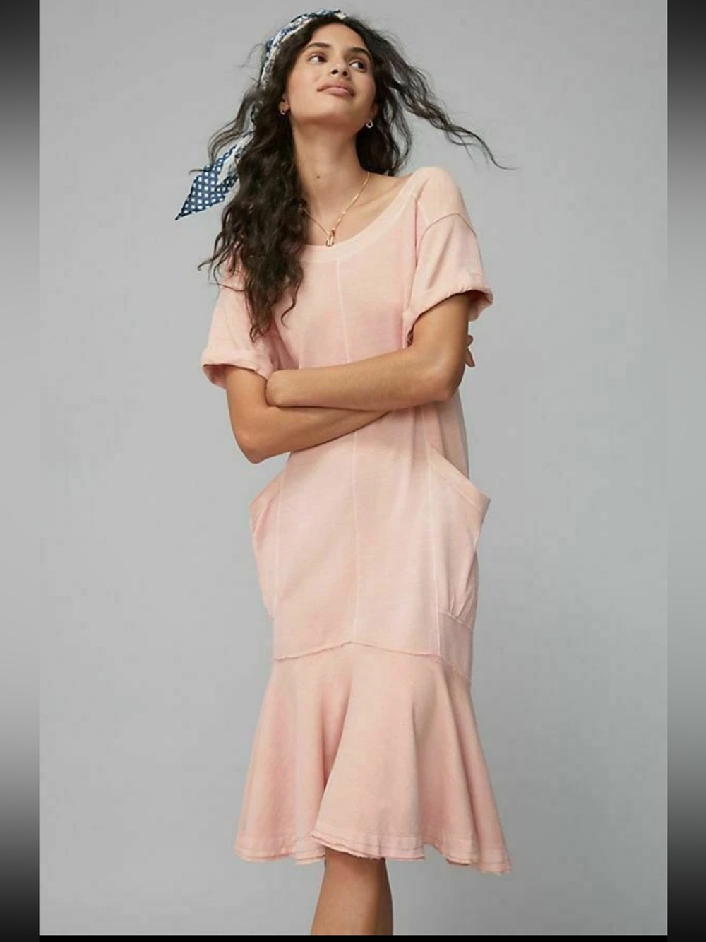 ANTHROPOLOGIE JOELLA CASUAL BOHO MIDI COTTON T-SHIRT DRESS POCKETS PINK BLUSH